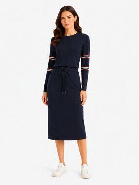 CHEE-CHO BLACK KNIT LONG SLEEVE  DRAWSTRING WAIST STRIPED MIDI DRESS - XS